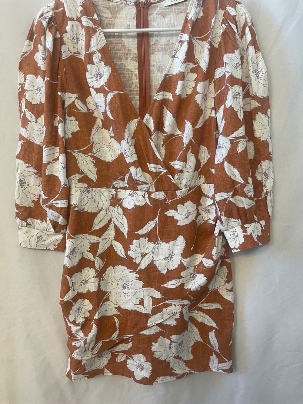 Lush Rust Floral Wrap-Front Mini Dress with White Print